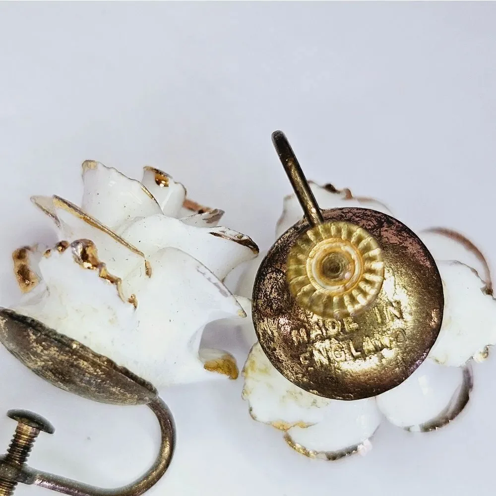 Vintage Porcelain White Rose Gold Accented Screw Back Earrings Made In England